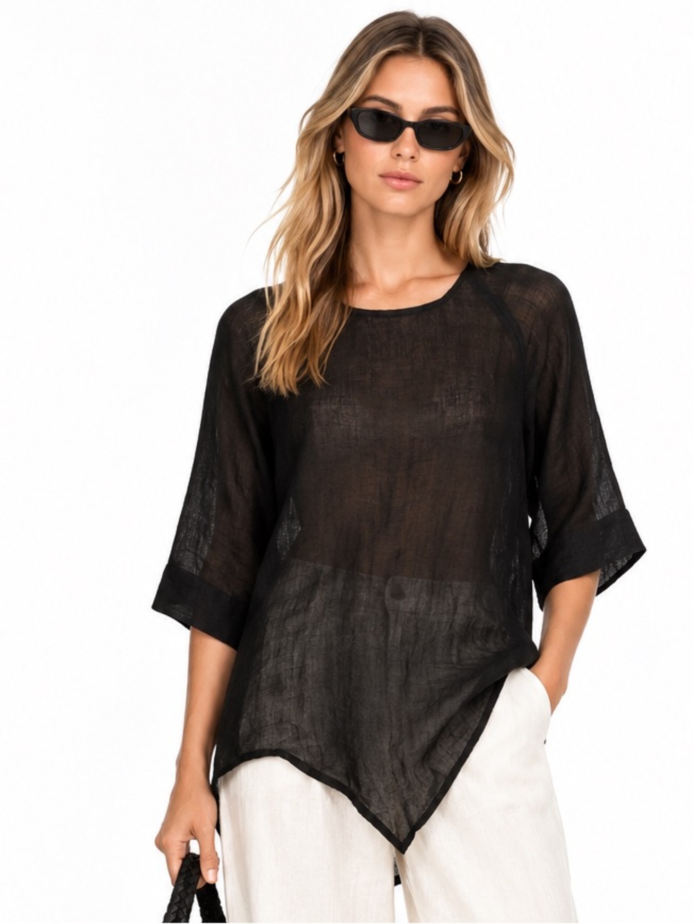 KONTRAST Black 100% Linen Tunic Top Size M Made in Poland